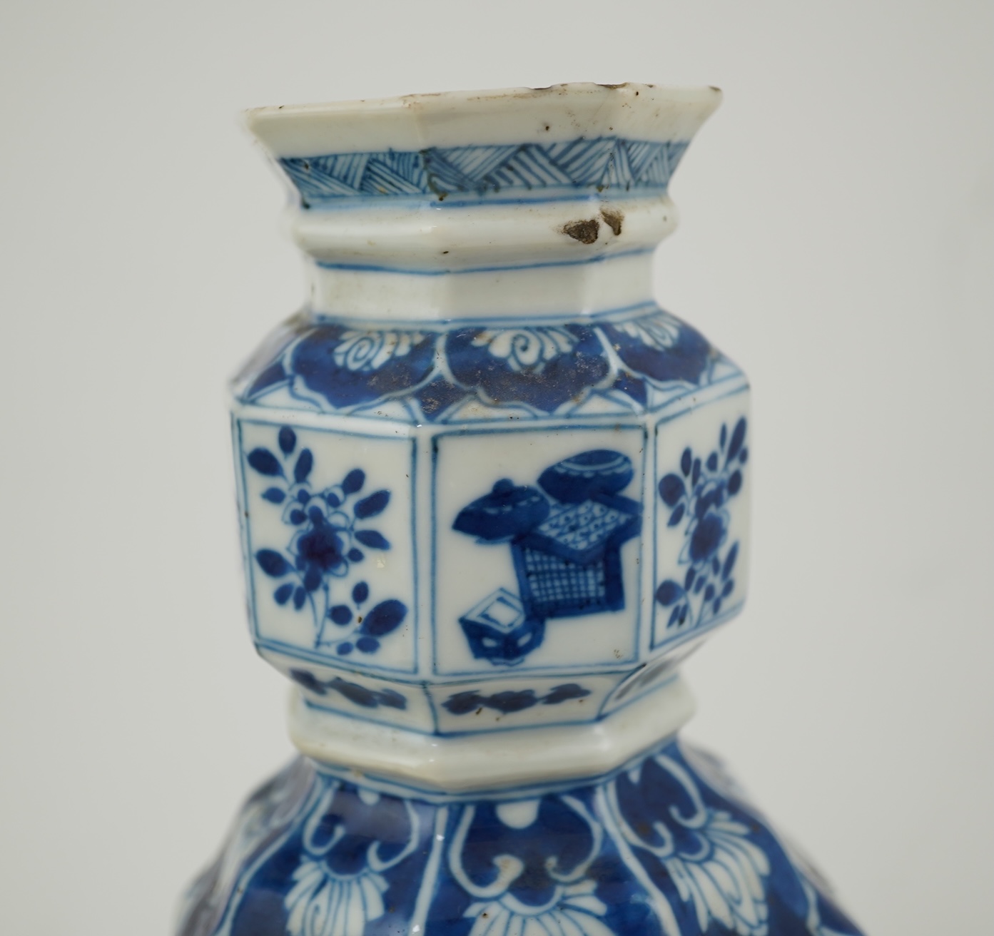 A pair of Chinese blue and white octagonal vases, Kangxi period